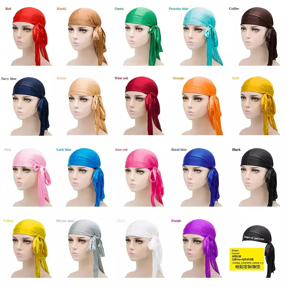Elasticidade baotou boné faixas de cabelo simulação sedosa durag cauda longa chapéu pirata bandana turbante para crianças criança fita acessórios