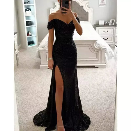 Novidades, design requintado, festa, lantejoulas, gola aberta, vestido casual, moda feminina