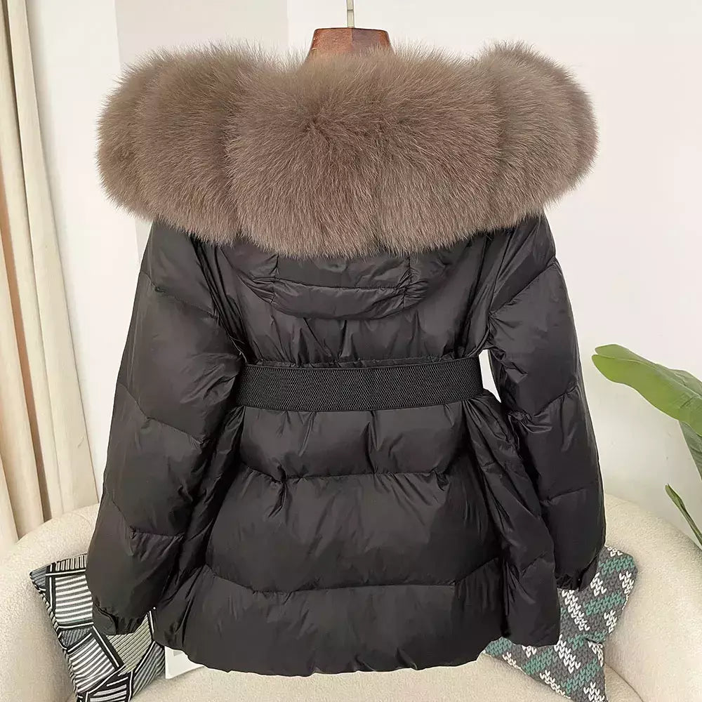 Oftbuy 2024 jaqueta de inverno feminina gola de pele de raposa natural real com capuz grosso quente 90% pato branco para baixo casaco feminino streetwear casual