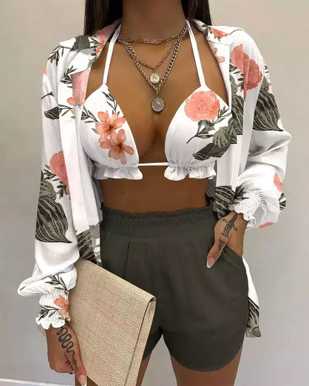 Fato de banho feminino de três peças, moda praia sexy, biquíni de cintura alta, maiô estampado, shorts para cobrir, moda praia de verão, novo 2024