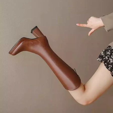 Bota alta de joelho para mulheres, sapatos de salto grosso, marrom quente, longo, moda, novo, inverno, 2022