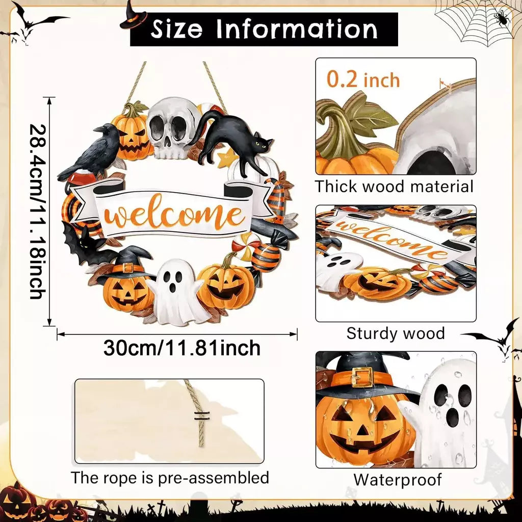 Novo sinal decorativo de madeira 2d de halloween com abóbora de gato preto e fantasma-design "bem" para pendurar na porta decoração de festival fantasma