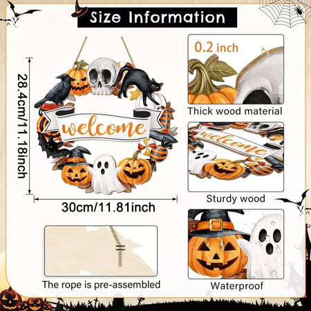 Novo sinal decorativo de madeira 2d de halloween com abóbora de gato preto e fantasma-design "bem" para pendurar na porta decoração de festival fantasma