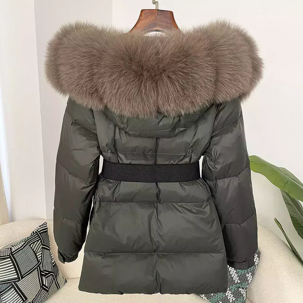 Oftbuy 2024 jaqueta de inverno feminina gola de pele de raposa natural real com capuz grosso quente 90% pato branco para baixo casaco feminino streetwear casual