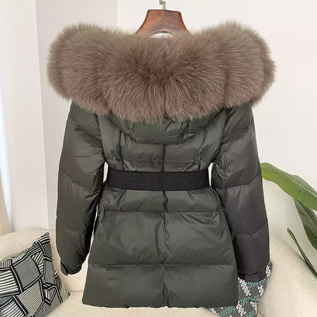 Oftbuy 2024 jaqueta de inverno feminina gola de pele de raposa natural real com capuz grosso quente 90% pato branco para baixo casaco feminino streetwear casual