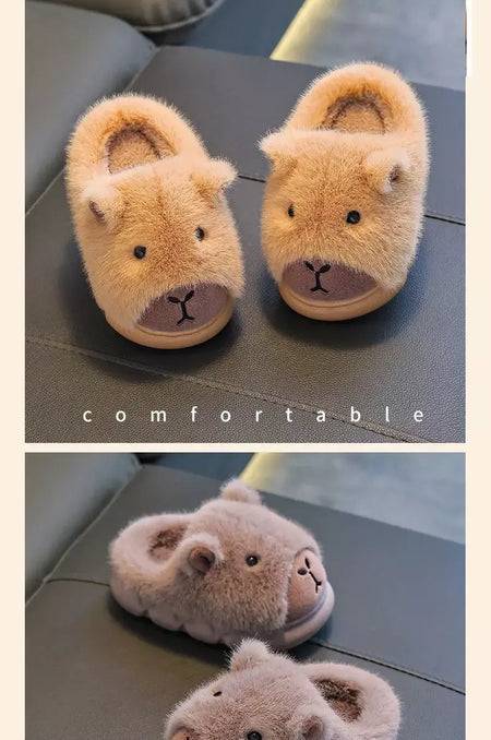 Capivara crianças chinelos 2025 inverno novo bonito fofo algodão sapatos de chão mulher quente interior dos desenhos animados piso de pelúcia casa chinelos