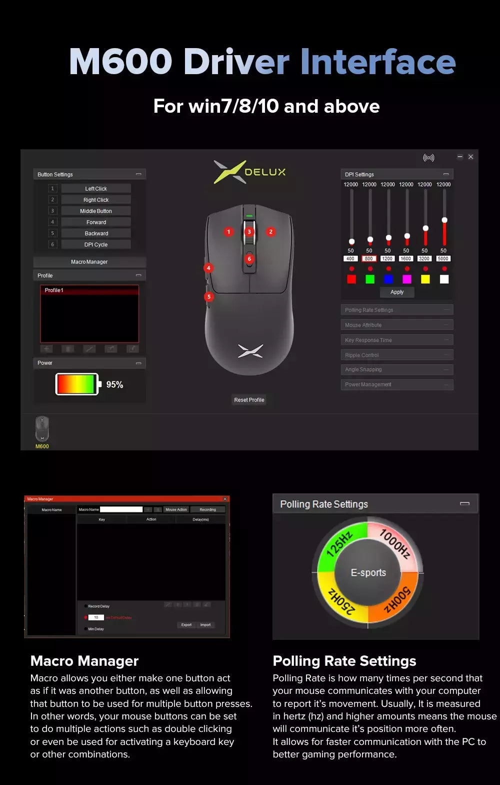 Delux-M600 Mouse sem fio para jogos, Macro Mice recarregável para PC Gamer, leve, conexão de modo duplo, 2.4G, 49g, PMW3325