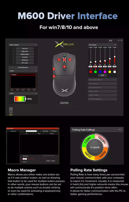 Delux-M600 Mouse sem fio para jogos, Macro Mice recarregável para PC Gamer, leve, conexão de modo duplo, 2.4G, 49g, PMW3325