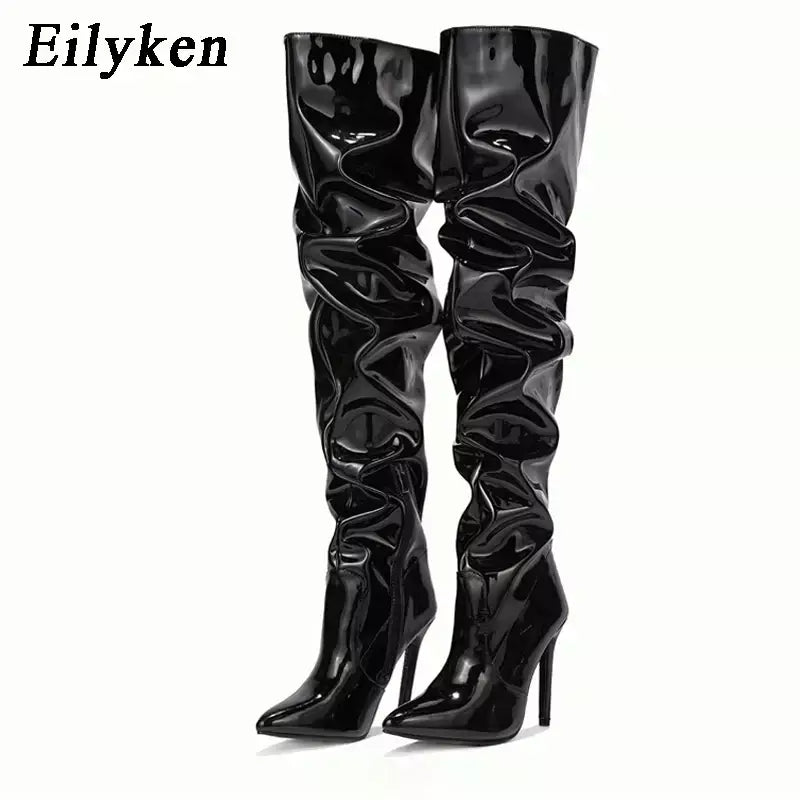 Eilyken-Patent Leather Apontado Toe Salto Alto para Mulheres, Botas Vermelhas Sobre o Joelho, Sapatos de Zíper Lateral, Stiletto Sólido, Calçado Feminino