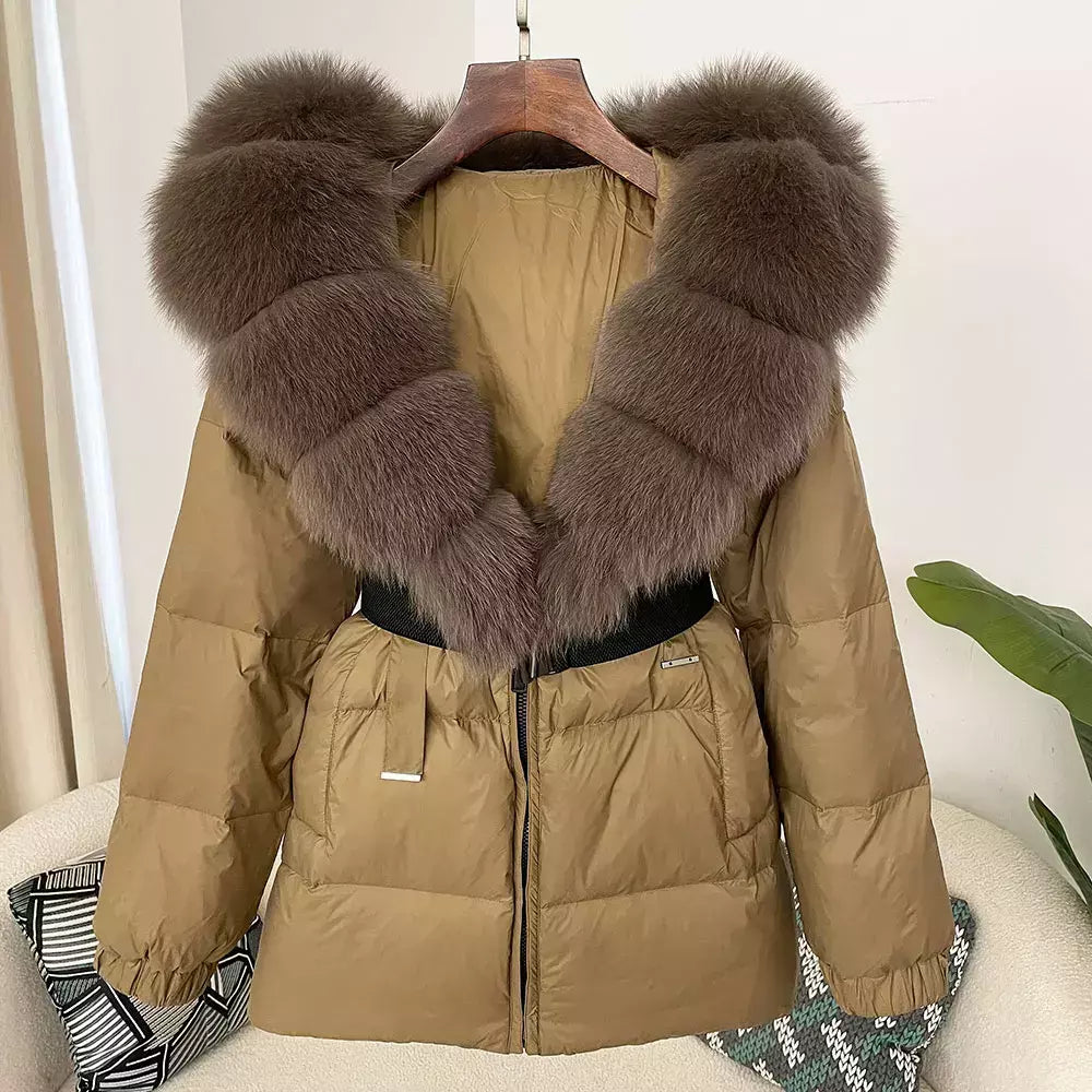 Oftbuy 2024 jaqueta de inverno feminina gola de pele de raposa natural real com capuz grosso quente 90% pato branco para baixo casaco feminino streetwear casual