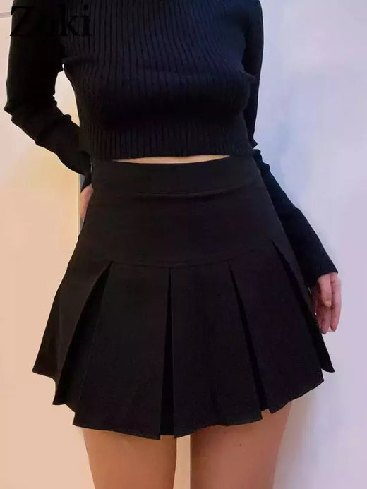 ZOKI-Mini saia plissada cinza vintage feminina, saias de cintura alta, moda coreana, uniforme escolar, streetwear de Harajuku, Kawaii, primavera