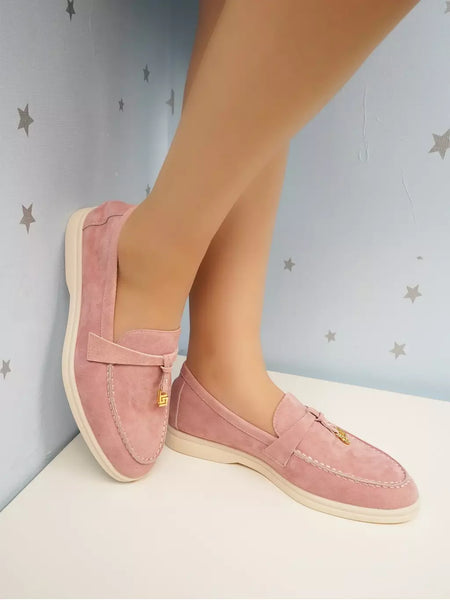 Sapatos de mula de camurça antiderrapante para mulheres, sapatos para dirigir, pingente de metal, marca de luxo, moda casual confortável, Le Fu