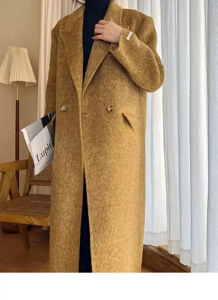 Casaco de alpaca de lã feminino, jaquetas de lã, trespassado duplo, gola de terno, solto, Casacos longos, senhora do escritório, outono, inverno, 2022