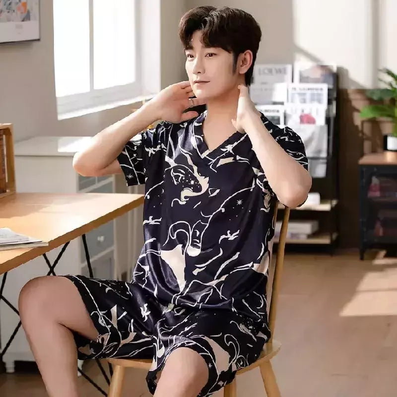 Conjunto de pijama de seda gelo manga curta masculino, pijama casual fino de simulação, tamanho grande, roupa para casa, verão, 2 peças