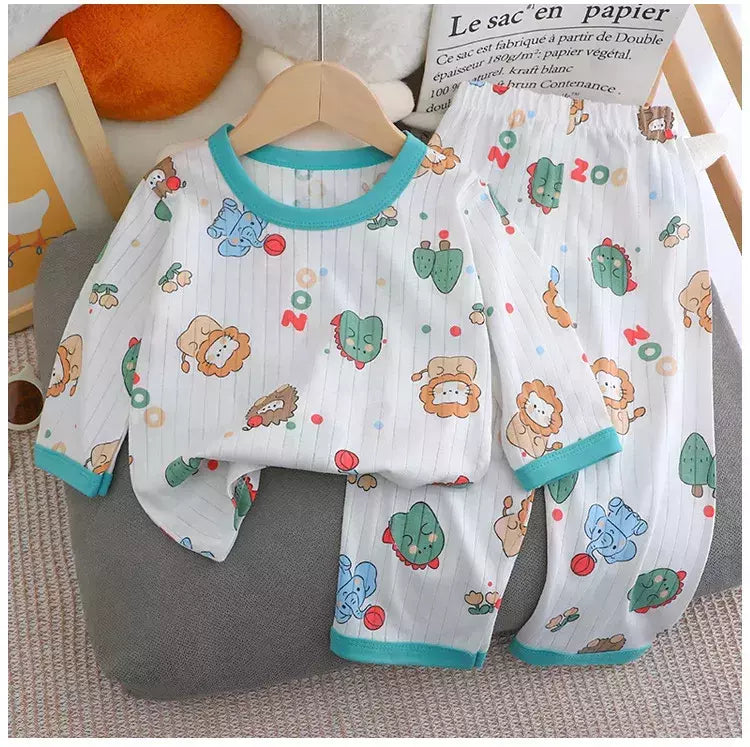 Pijama de algodão puro para meninos e meninas, camiseta fina de manga comprida, tops e calças lindos desenhos animados, conjuntos de roupas infantis, verão, novo, 2022
