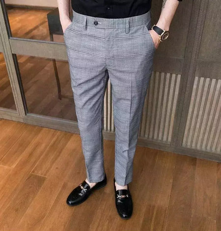 Xadrez masculino anti-rugas calças cortadas, roupas de grife casual, terno masculino reto, verão, fino, barato, designer, cheque, 9