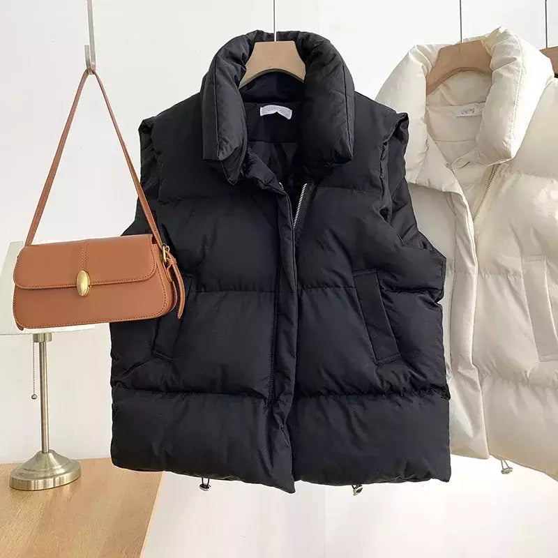 Jaqueta casual grossa solta feminina, casaco com gola simulada, zíper para cima, colete quente sólido, jaqueta puffer, outono, inverno, 2023