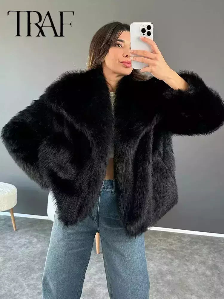 TRAF-Jaqueta feminina de tecido de lantejoulas de metal, casaco solto, gola alta, manga comprida, outerwear feminino chique, outono, inverno, 2023