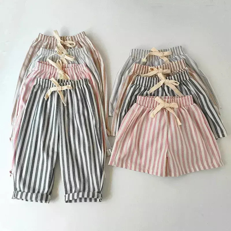 Primavera verão meninos listrado calças soltas bebê menina vintage casual linho algodão harlan calças crianças rendas-up calça crianças roupas
