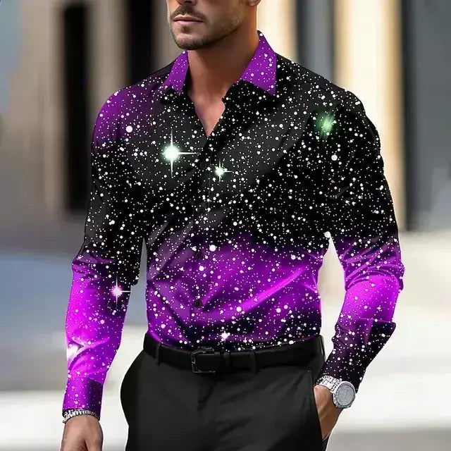 2024 venda quente camisa masculina de natal estrela/galaxy camisa de manga longa arte casual festa vestido de noite outono/inverno gola alta