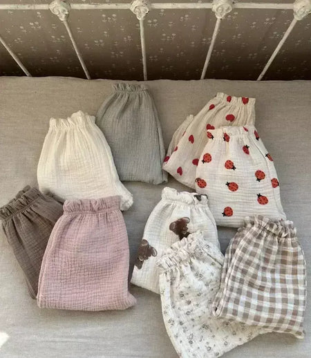 Calças de bebê de algodão orgânico recém-nascidos outono primavera verão inverno bonito impressão macia musselina roupas calças pantalons capris