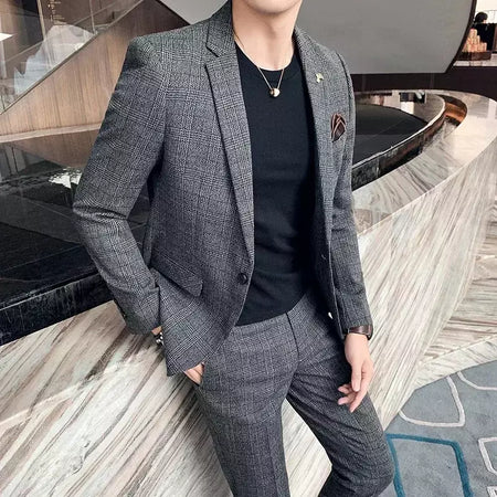 (Blazer + calças) high-end marca formal negócios xadrez terno dos homens noivo vestido de casamento cor sólida palco desempenho smoking S-7XL