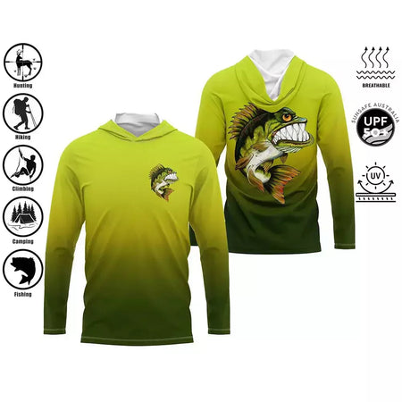 Camisa de pesca com capuz, camisa de pesca com capuz, proteção uv, padrão de moda ao ar livre, estampa de umidade, homem, vestuário de pesca