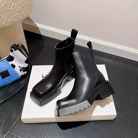 Mulheres de couro genuíno botas nuas novo salto grosso chelsea botas dedo do pé quadrado botas curtas de salto alto designer moda feminina botas