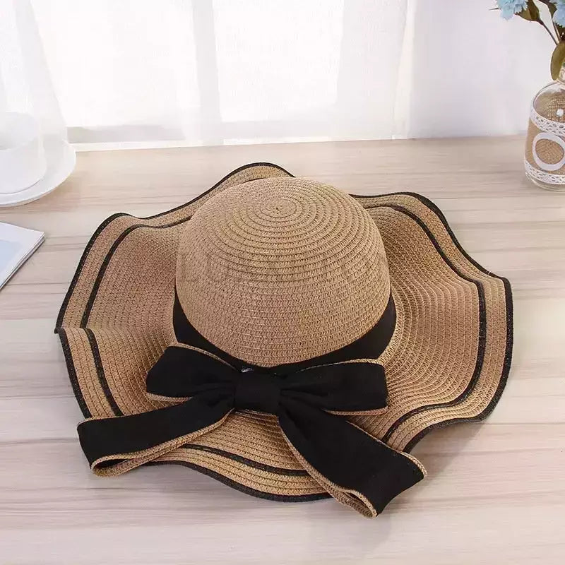 Chapéu de praia vaqueiro feminino, lateral larga, chapéu Panamá casual, Lady Classic, nó liso, chapéu de sol palha, presente Fedora feminino, verão