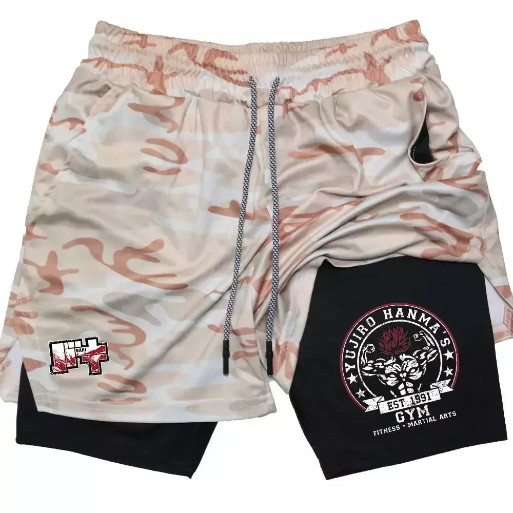 Masculino Anime 2 em 1 Calções Esportivos, Calções de Compressão Atlético Calças de Treino Fitness Running Sportwear, Desempenho Ginásio