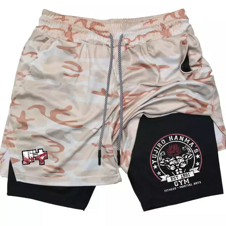 Masculino Anime 2 em 1 Calções Esportivos, Calções de Compressão Atlético Calças de Treino Fitness Running Sportwear, Desempenho Ginásio