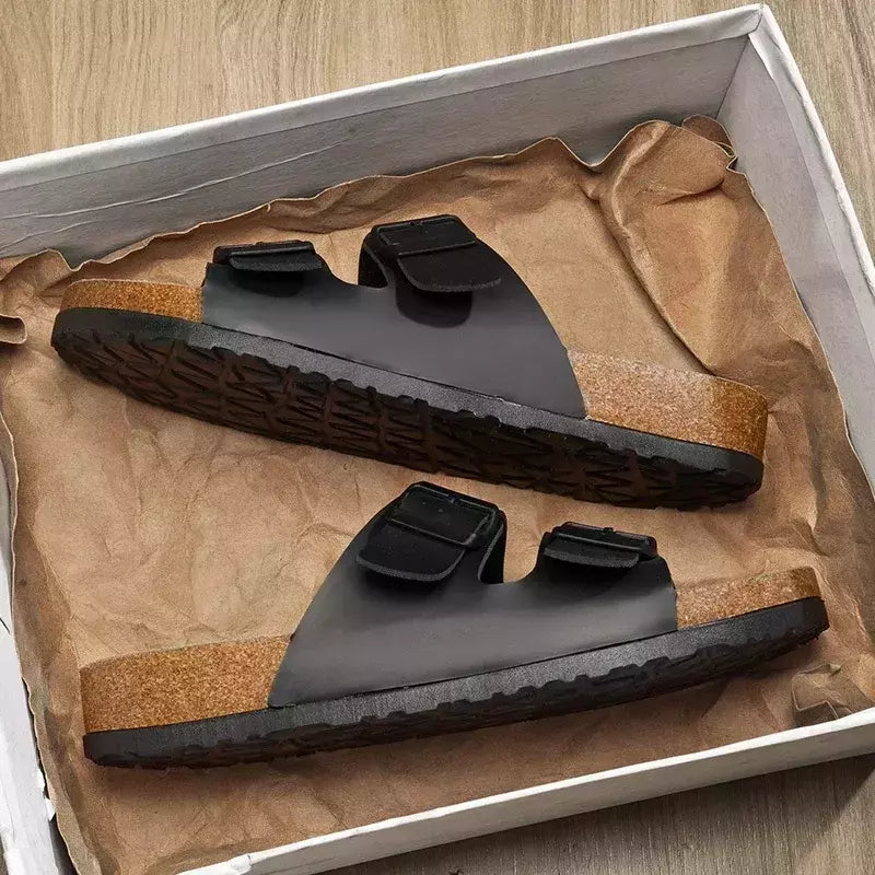 Chinelos de couro Herringbone para casais, chinelos retrô para homens e mulheres, sandálias de praia casuais, nova moda, verão 2024