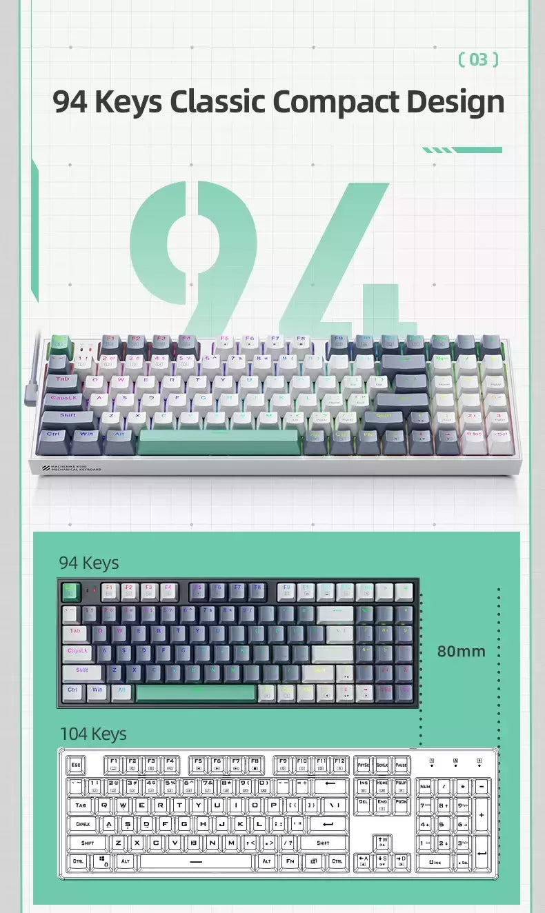 Machenike-K500 Teclado mecânico para jogos, Teclado com fio, Hot Swappable, 94 teclas, RGB Light, Mac, Windows