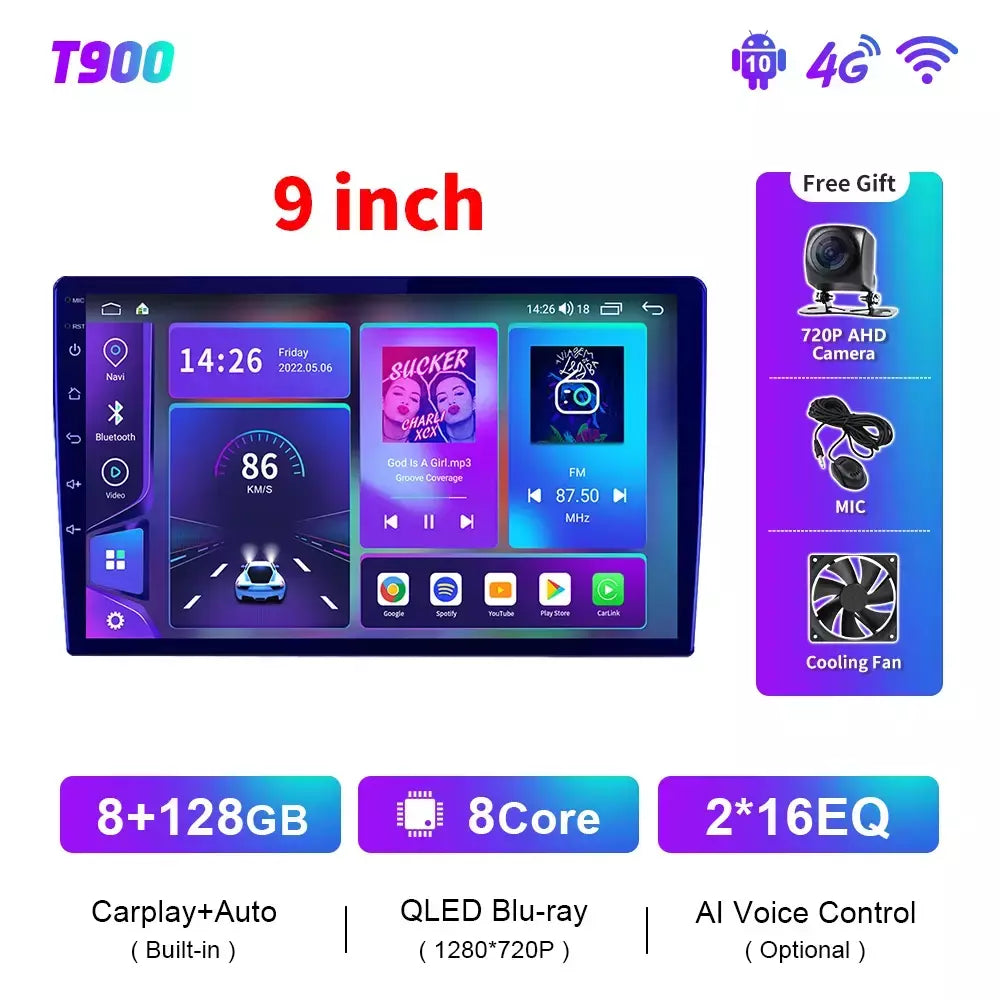 EKIY T900 8G 128G Universal Car Radio Multimídia Bru-ray QLED Navegação GPS Estéreo Android Auto Carplay BT 2 din DVD Unidade Principal