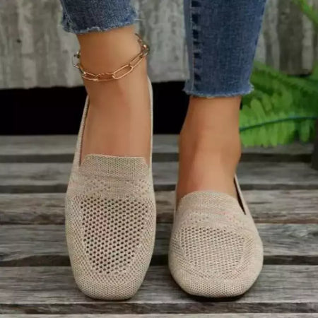 Cor sólida dedo do pé quadrado malha mocassins rasos mulheres apartamentos sapatos de fundo macio malha ballet apartamentos sapatos casuais deslizamento em sapatos de barco
