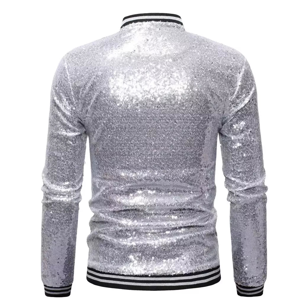 Brilhante Sequins Sparkle Bomber Jacket Homens 2023 Mais Novo Ouro Glitter Listrado Zipper Mens Jaquetas E Casacos Festa Dance Show Roupas
