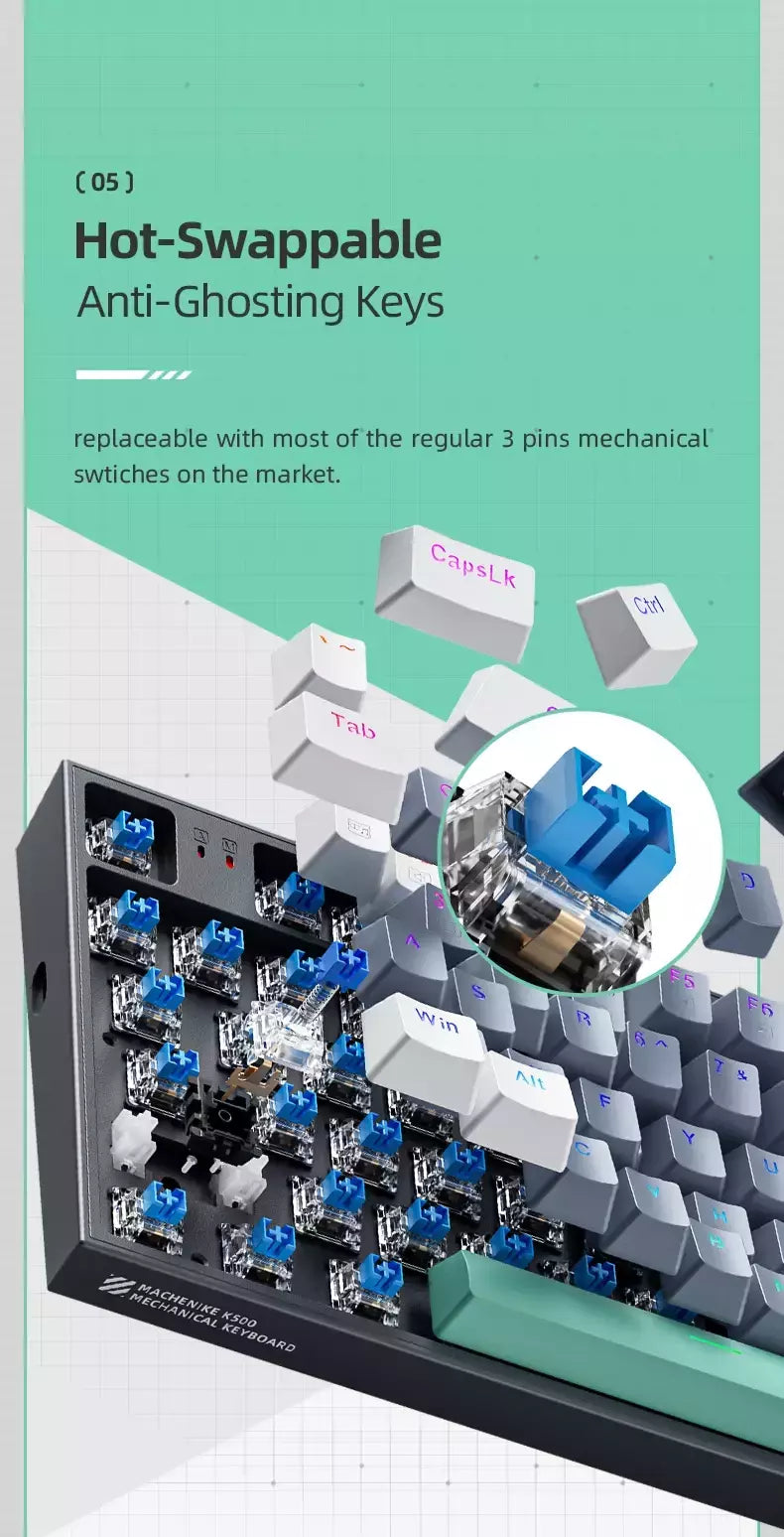 Machenike-K500 Teclado mecânico para jogos, Teclado com fio, Hot Swappable, 94 teclas, RGB Light, Mac, Windows