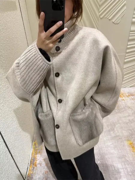 Gola de pele emendada longa pele de lã casaco feminino moda casual manga comprida lapela solta quente curto jaqueta senhora diariamente streetwear