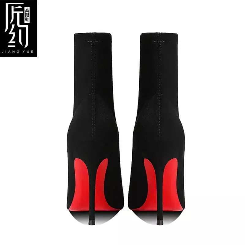 Botas de tornozelo femininas de inverno vermelho brilhante bottoms meias de malha botas outono 2025 nova moda botas de estiramento sexy feminino salto alto fem