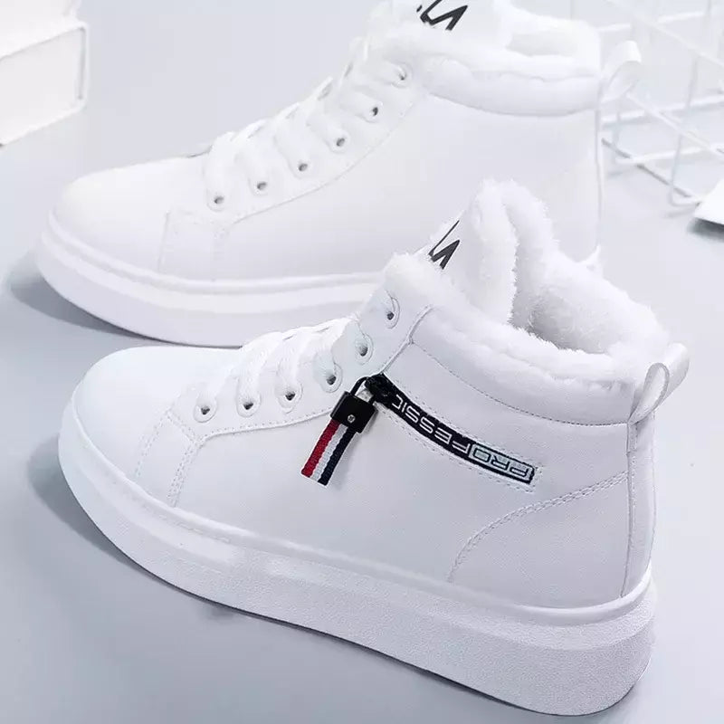 Botas de pelúcia quente PU para mulheres, sapatos de inverno, apartamentos, rendas, botas de neve curtas, senhoras, 2022