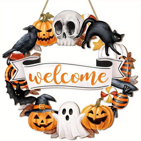 Novo sinal decorativo de madeira 2d de halloween com abóbora de gato preto e fantasma-design "bem" para pendurar na porta decoração de festival fantasma