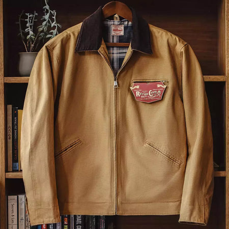 Maden J001 - Casaco de Caça Régua Detroit para Homem de Outono, Tecido de Lã Retro, Bolsos de Algodão Resistente, Design de Colarinho Lapel e Fechadura Ziper