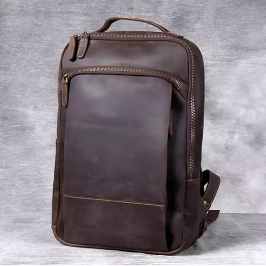 Mochila de couro genuíno para homens, cavalo louco vintage mochila para laptop grande mochila diária mochila de viagem mochila para caminhadas