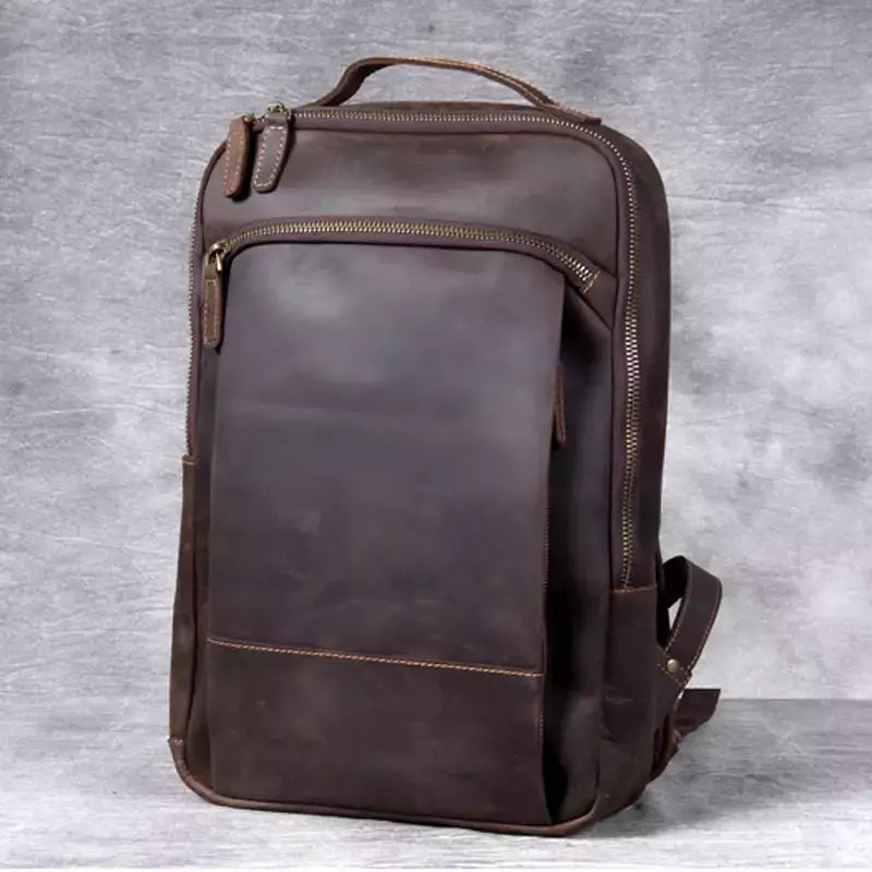 Mochila de couro genuíno para homens, cavalo louco vintage mochila para laptop grande mochila diária mochila de viagem mochila para caminhadas