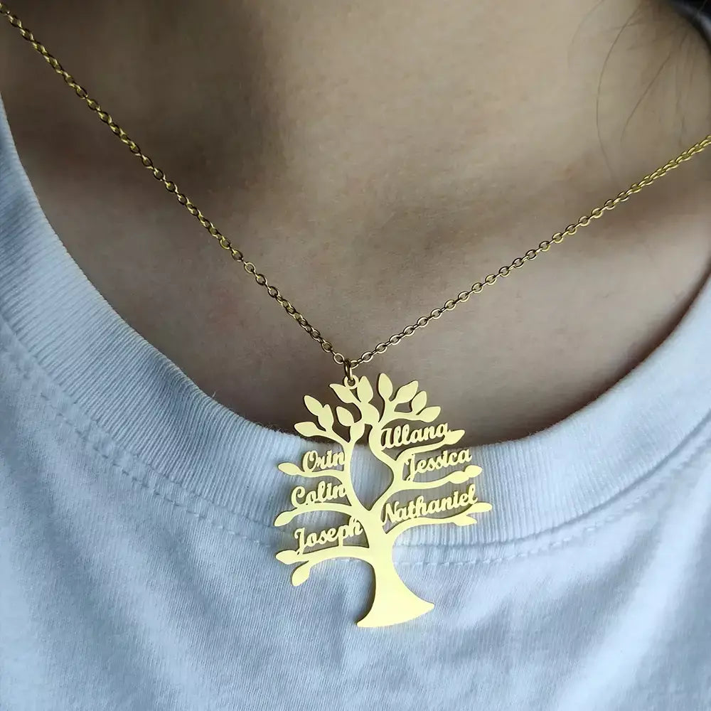Colar personalizado com nome da árvore da vida, mãe, crianças, nomes de membros da família, pingente de aço inoxidável dourado, gargantilha, joias, presentes