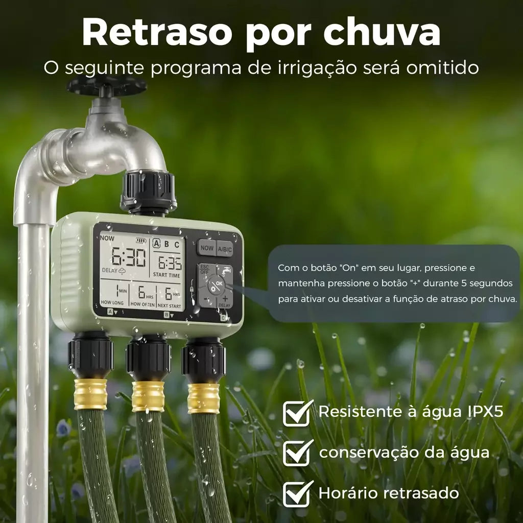 Diivoo temporizador de água para jardim, 3 saídas para mangueira de jardim, temporizador de irrigação automático programável ip54 com atraso de chuva, modo manual/automático
