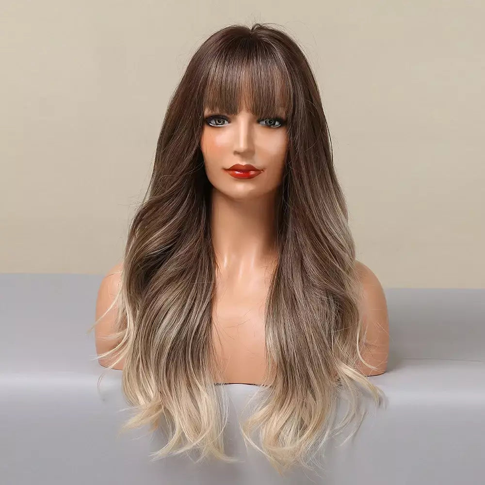Louis ferre longo ombre loira perucas sintéticas com franja para mulheres onda natural penteado fibra resistente ao calor cosplay perucas marrons