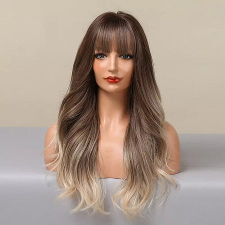 Louis ferre longo ombre loira perucas sintéticas com franja para mulheres onda natural penteado fibra resistente ao calor cosplay perucas marrons