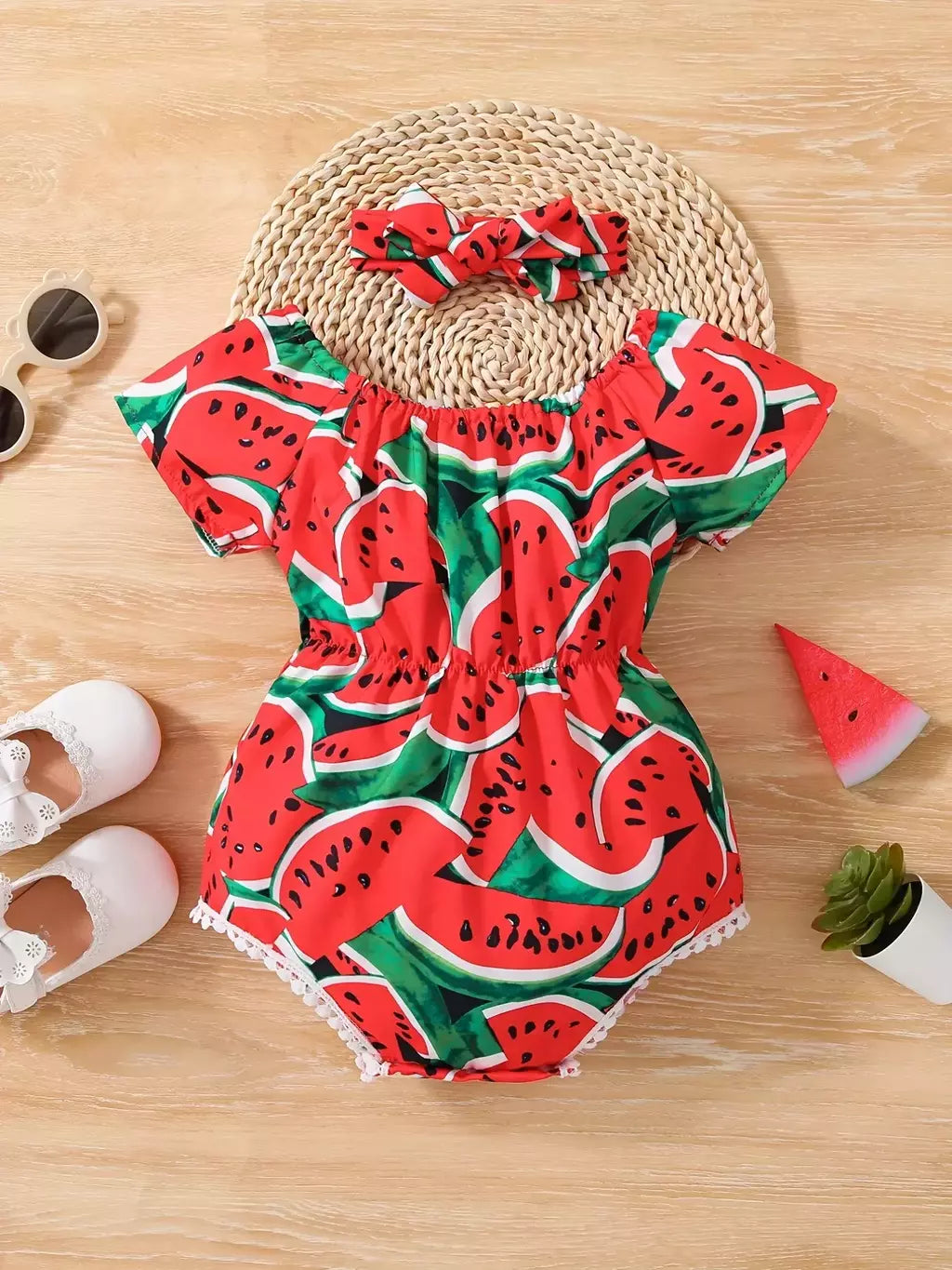 Melancia de manga curta feminina estampada bodysuits, roupa do bebê, bonito Onesie, vestido casual com bandana, verão