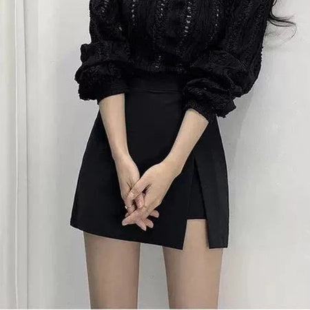 Mini saias pretas femininas, fenda lateral irregular, cintura alta, shorts linha A, saias femininas de verão, envoltório chique do quadril, moda coreana
